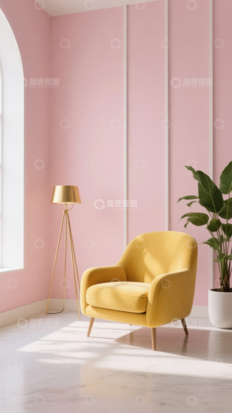 高清大图下载【趣麦麦图】粉色墙面的室内角落摆放着黄色扶手椅和绿植