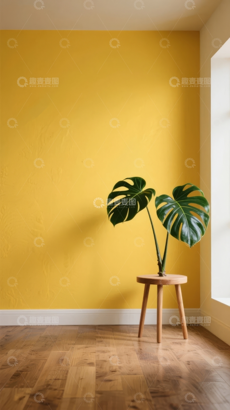 高清大图下载【趣麦麦图】黄色墙壁与绿植点缀的简约室内角落