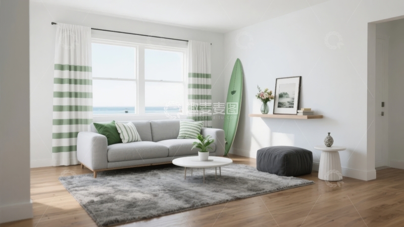 高清大图下载【趣麦麦图】现代简约风格客厅搭配冲浪板装饰