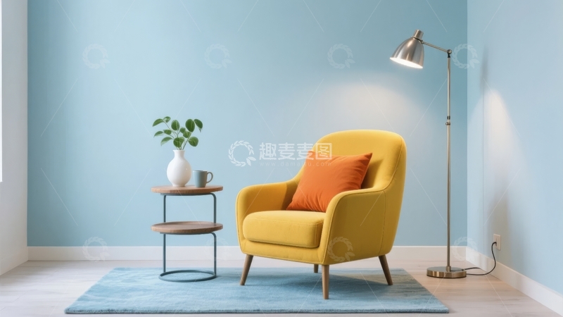 高清大图下载【趣麦麦图】蓝色墙面房间内摆放黄色扶手椅和装饰品