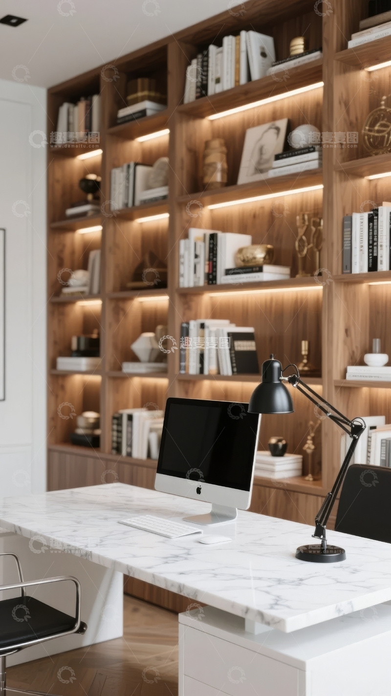 高清大图下载【趣麦麦图】现代书房内木质书架与办公桌组合