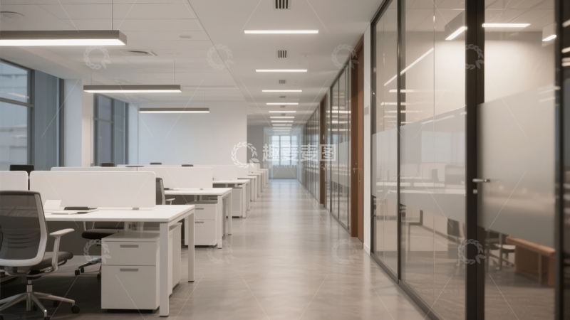 高清大图下载【趣麦麦图】现代办公室长廊配备开放式工位与玻璃隔断