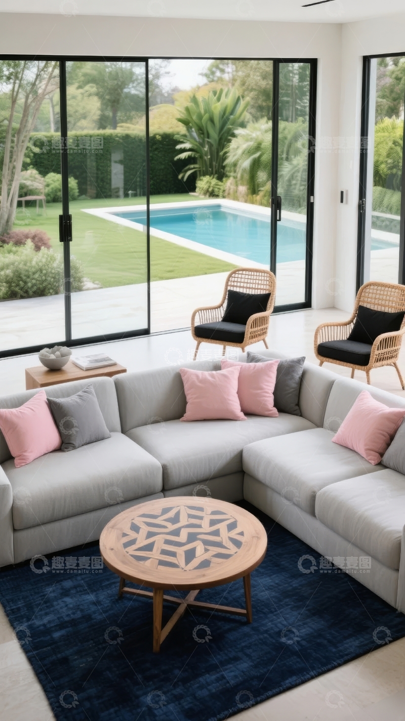高清大图下载【趣麦麦图】现代客厅连接户外泳池景观