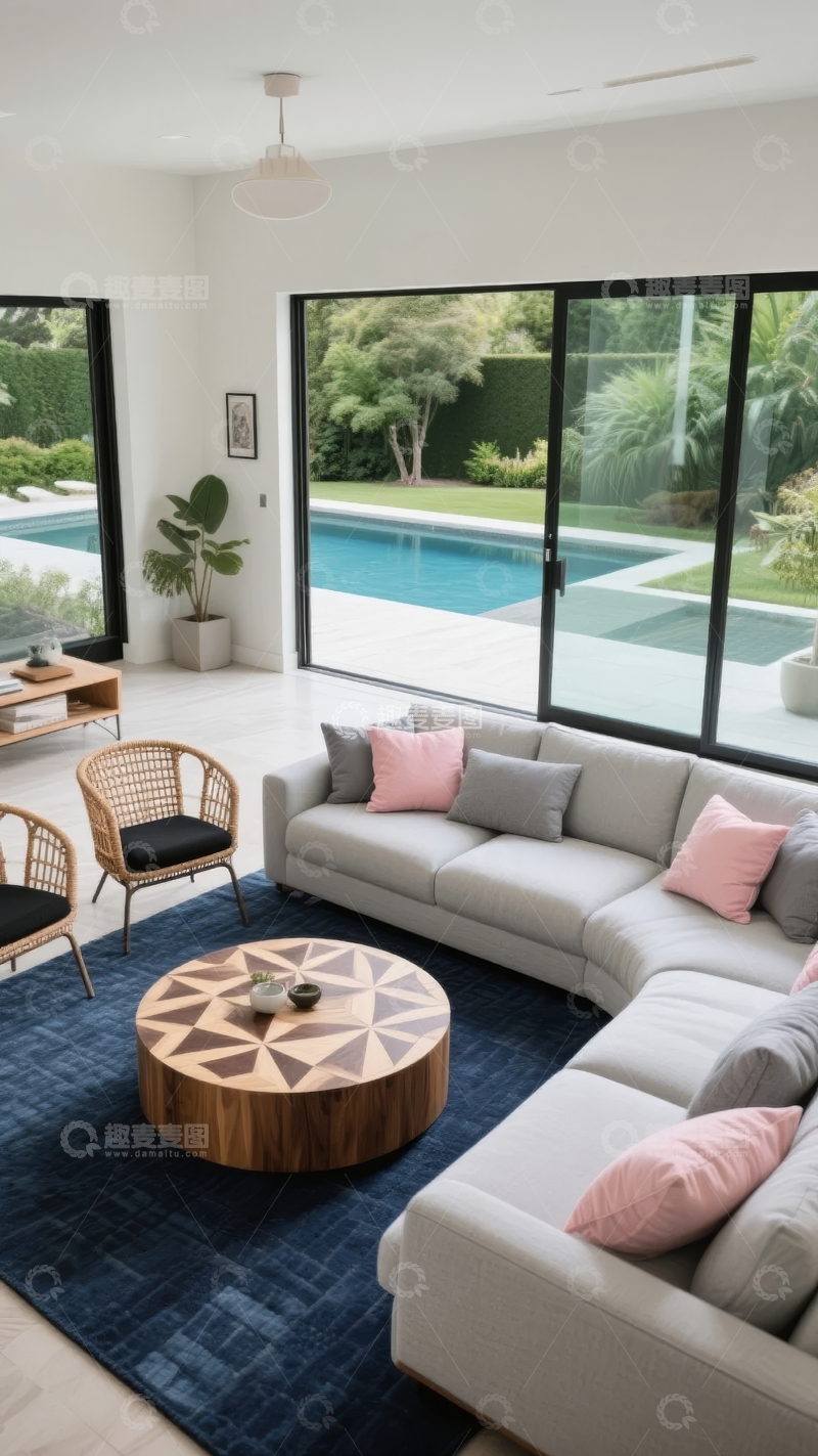 高清大图下载【趣麦麦图】现代客厅连接户外泳池景观