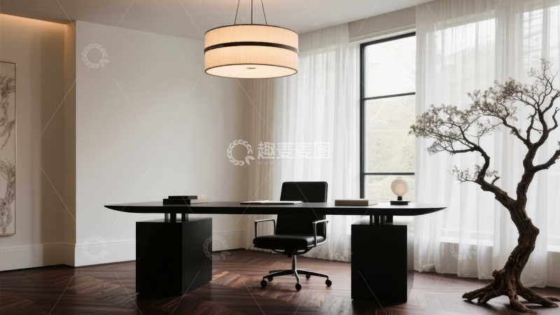 高清大图下载【趣麦麦图】现代简约风格办公室内景配有长桌和装饰树
