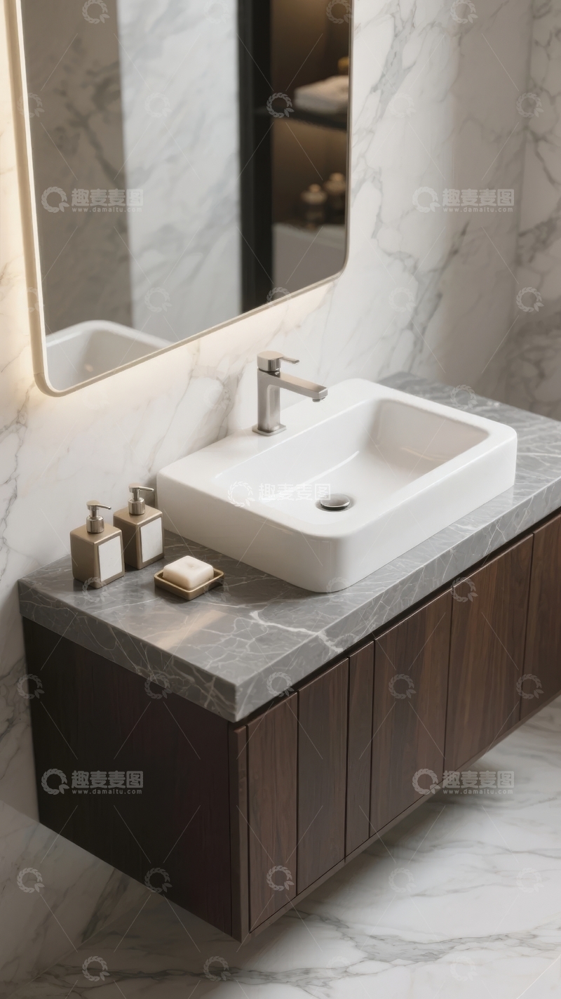 高清大图下载【趣麦麦图】现代浴室中的大理石台面洗手池及镜柜