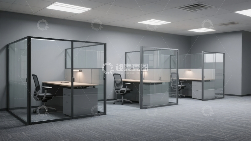 高清大图下载【趣麦麦图】现代化办公室内多个独立工作隔间配办公桌椅