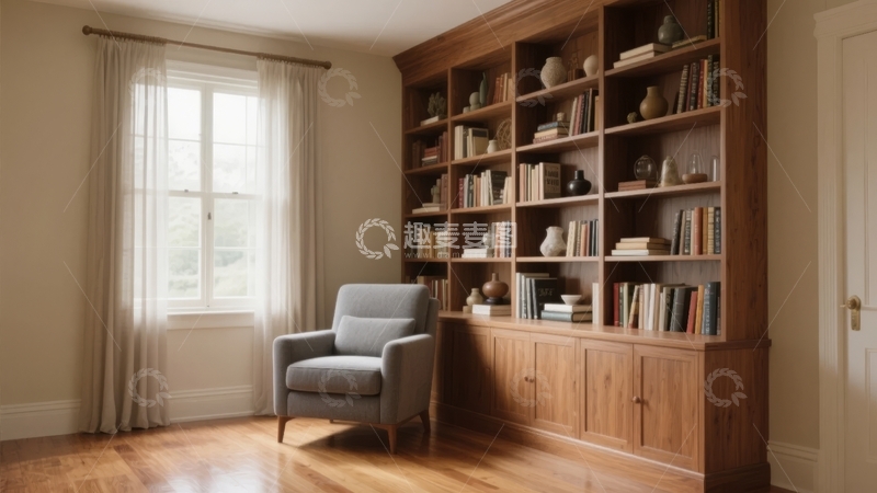 高清大图下载【趣麦麦图】温馨书房内摆放着书架和单人沙发