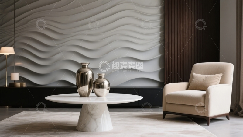 高清大图下载【趣麦麦图】现代简约风格客厅摆放着白色茶几和米色扶手椅