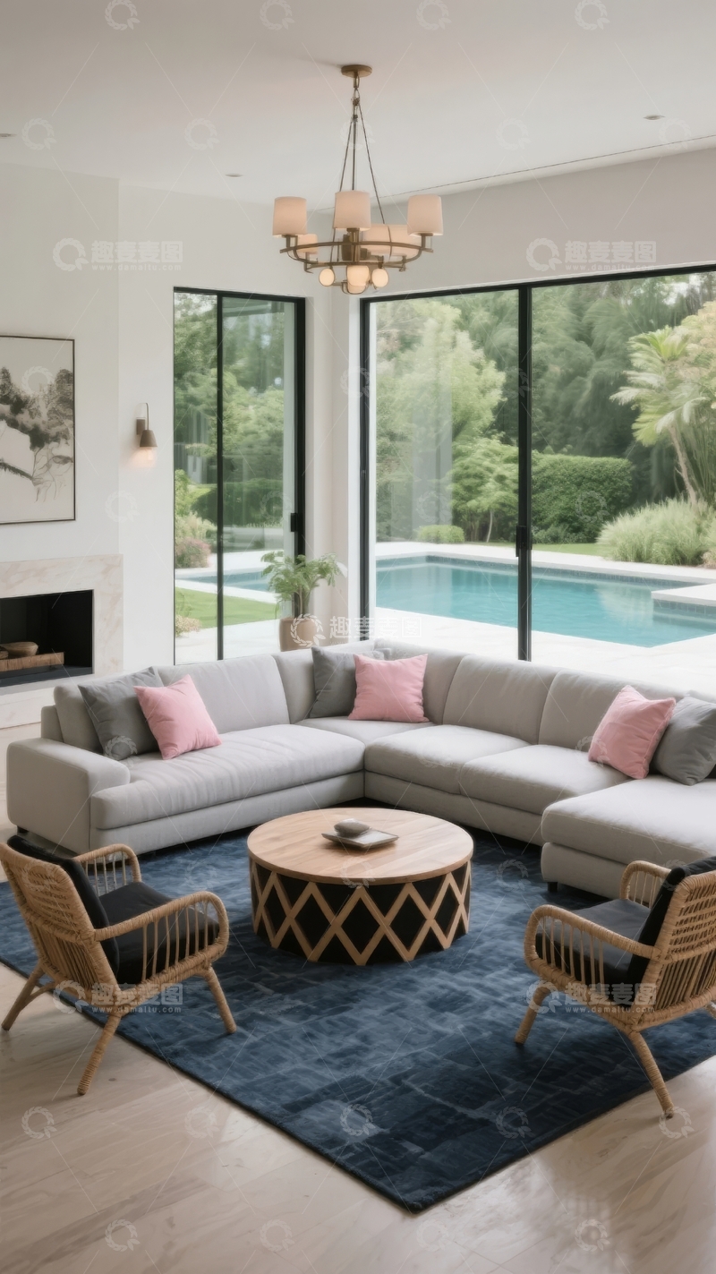 高清大图下载【趣麦麦图】现代客厅设计带大窗户和户外泳池景观