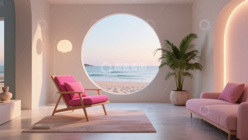高清大图下载【趣麦麦图】现代室内设计中圆形窗户展现海滩日落美景