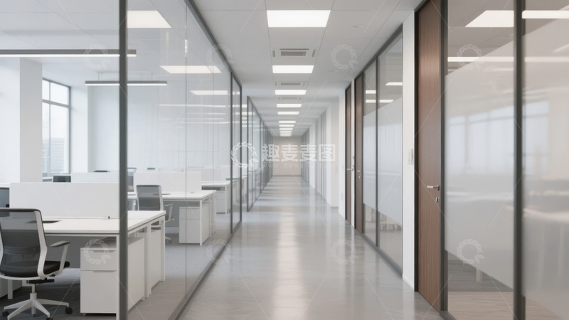 高清大图下载【趣麦麦图】现代办公室长廊配备玻璃隔间和办公桌
