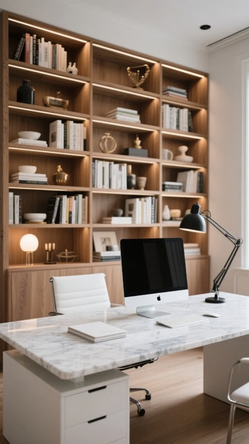 现代简约风格书房书架与办公桌组合