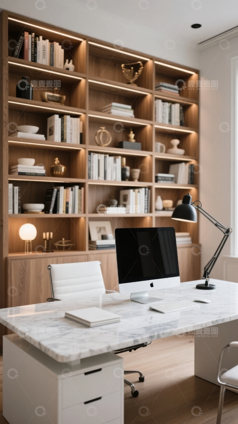 高清大图下载【趣麦麦图】现代简约风格书房书架与办公桌组合