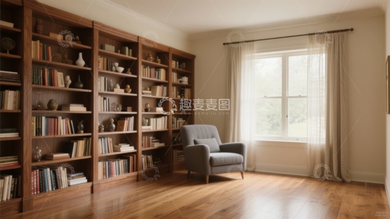 高清大图下载【趣麦麦图】温馨书房内书架满载书籍配舒适扶手椅