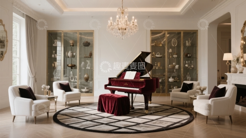 高清大图下载【趣麦麦图】豪华客厅内摆放着红色钢琴和精致装饰品