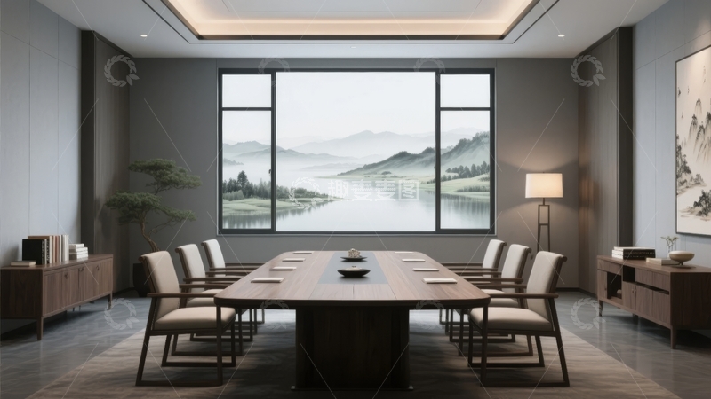 高清大图下载【趣麦麦图】现代中式风格会议室配山水画景观窗