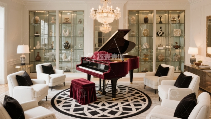 高清大图下载【趣麦麦图】豪华客厅内摆放着红色钢琴和白色沙发