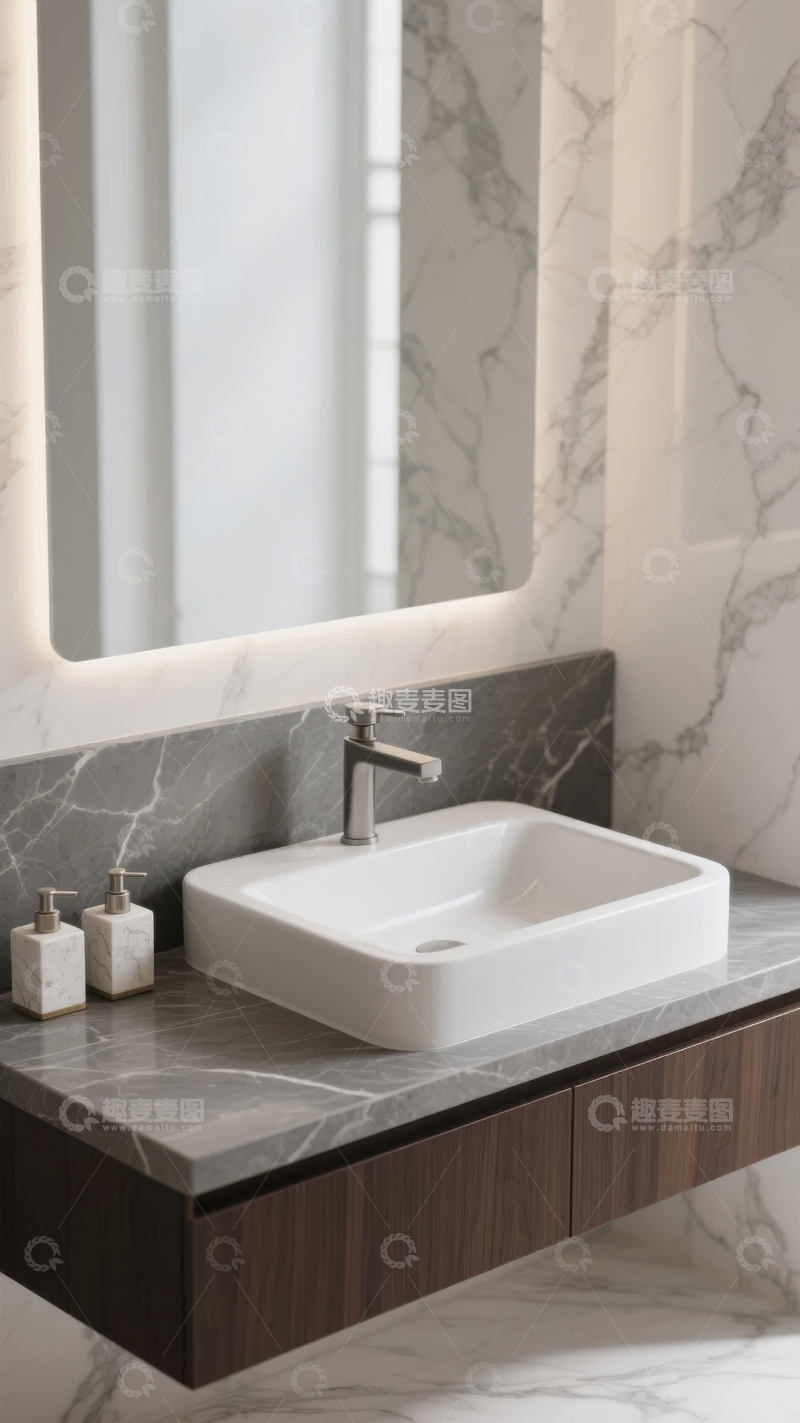 高清大图下载【趣麦麦图】现代浴室中的方形洗手池与大理石台面