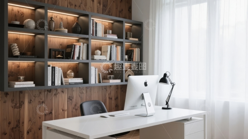 高清大图下载【趣麦麦图】现代简约风格书房内书架与办公桌组合