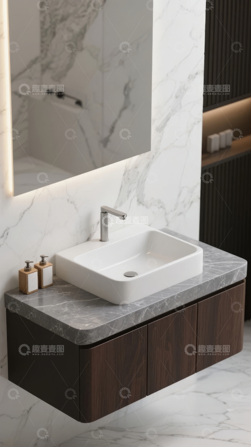 高清大图下载【趣麦麦图】现代浴室大理石墙面洗手台设计
