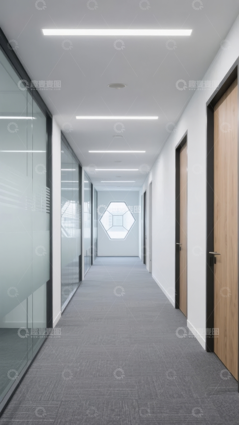 高清大图下载【趣麦麦图】现代办公楼长廊，玻璃墙与木质门设计