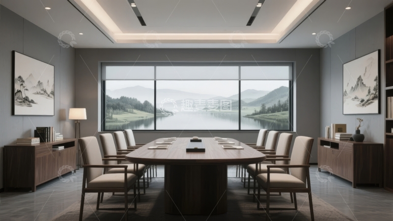 高清大图下载【趣麦麦图】现代简约风格会议室配备湖景大窗
