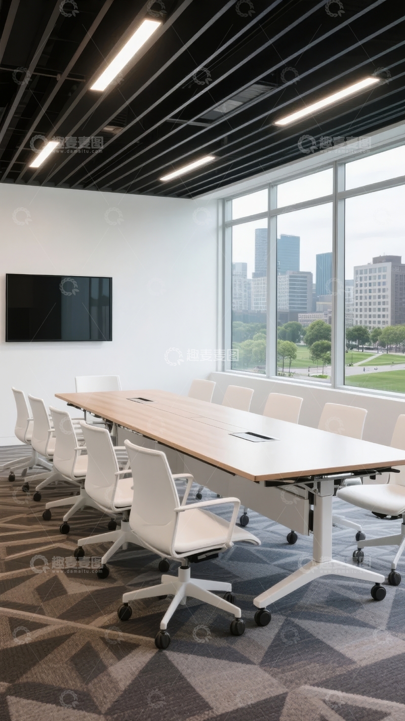 高清大图下载【趣麦麦图】现代会议室配备长桌和城市景观窗户