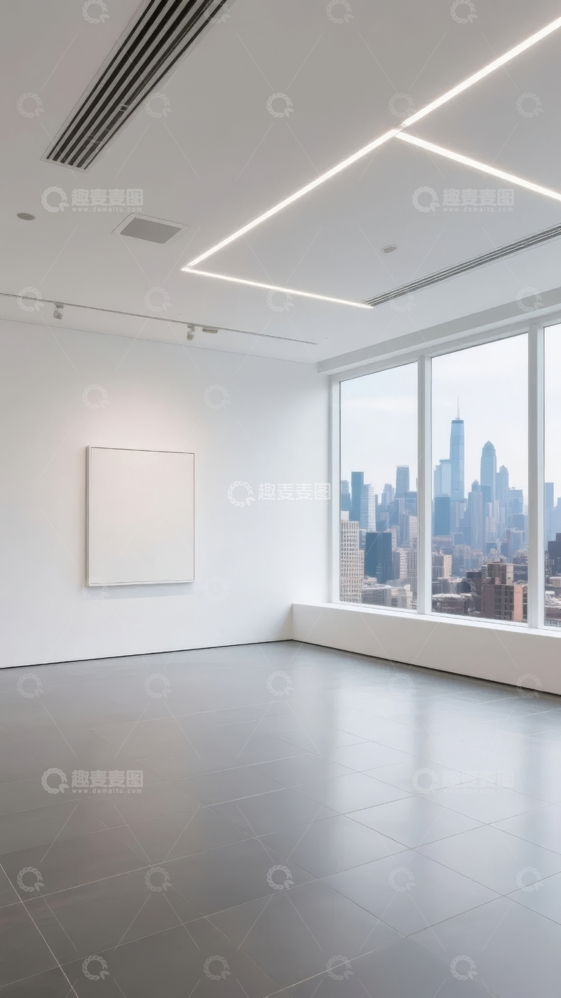 现代艺术画廊内空旷展厅与城市景观