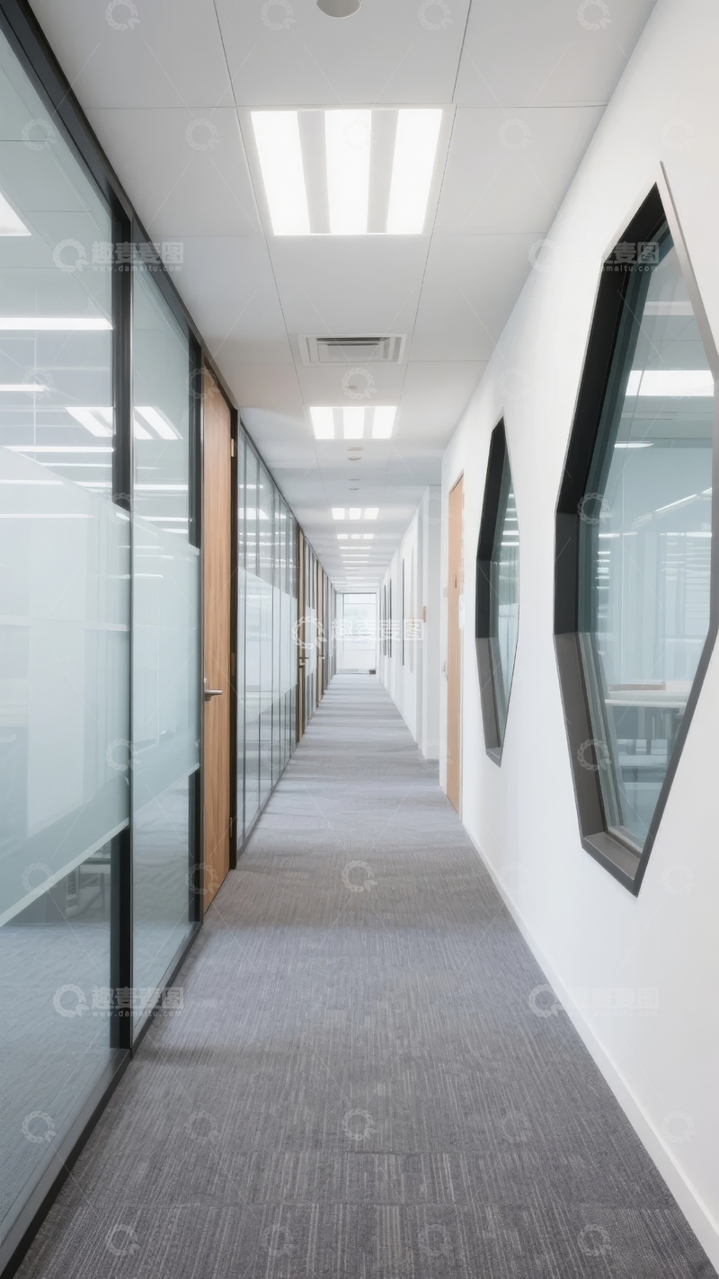 现代办公室长廊光线明亮玻璃隔断排列整齐