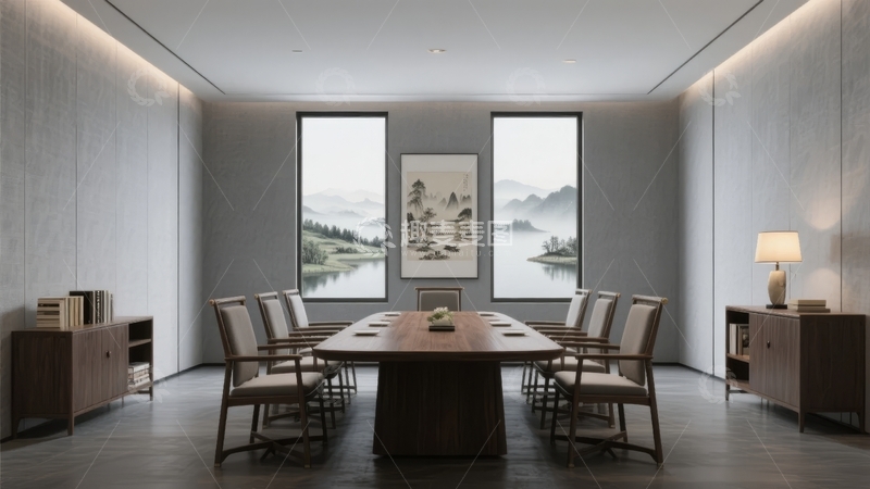 现代简约风格会议室配备长桌与山水画装饰
