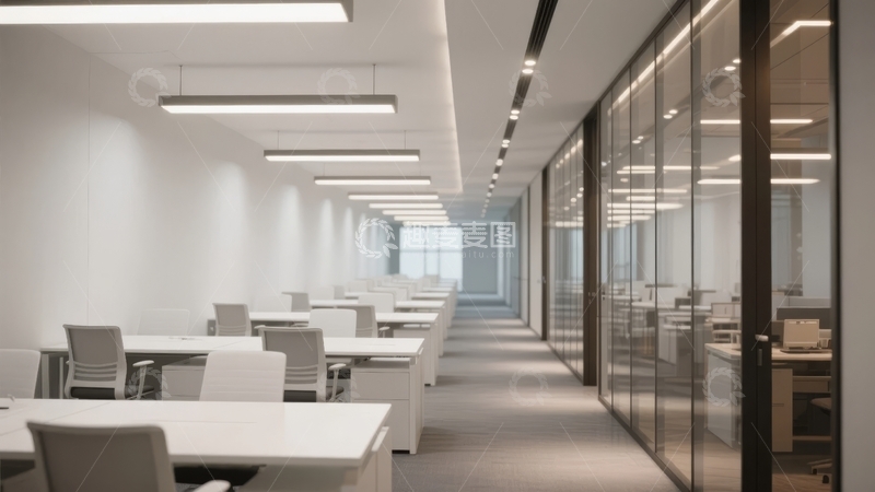 现代办公室长廊配备玻璃隔间和简洁办公桌椅