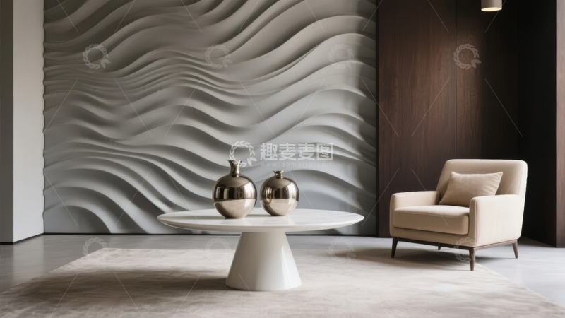 高清大图下载【趣麦麦图】现代简约风格客厅展示波浪纹理墙面与舒适座椅