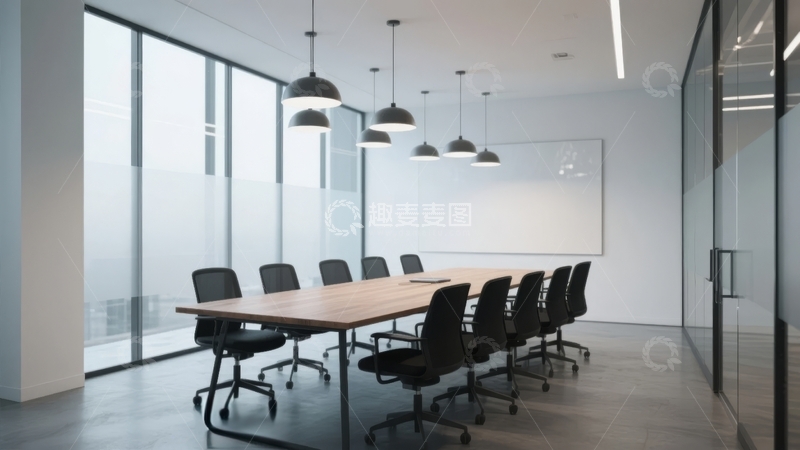 现代办公室会议室配备长桌和吊灯