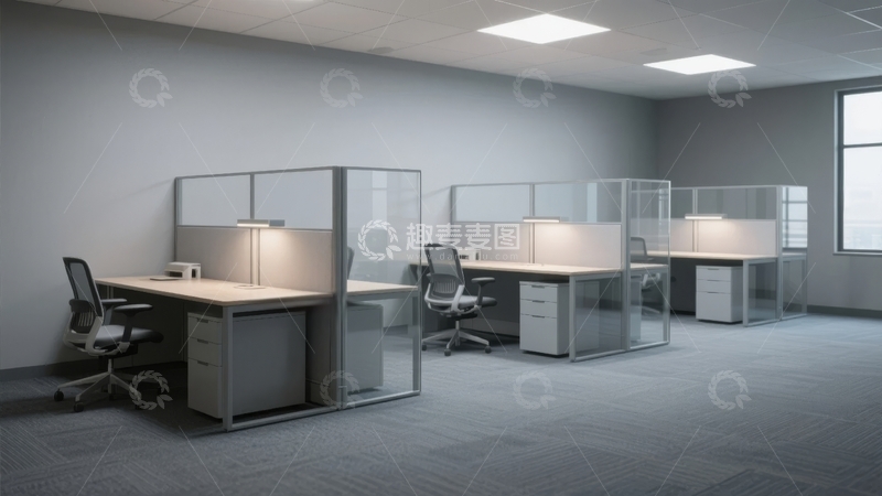 高清大图下载【趣麦麦图】现代办公室内景配备办公桌椅和隔断
