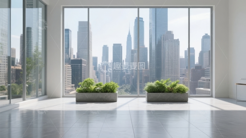 高清大图下载【趣麦麦图】现代室内景观窗外高楼林立城市天际线