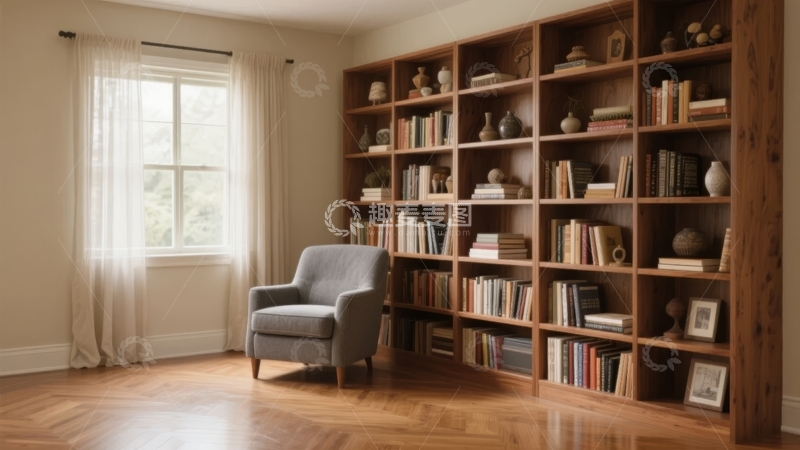 高清大图下载【趣麦麦图】温馨书房一角摆放着书架与单人沙发