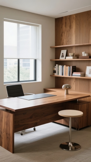 现代简约风格办公室书桌与木质书架组合