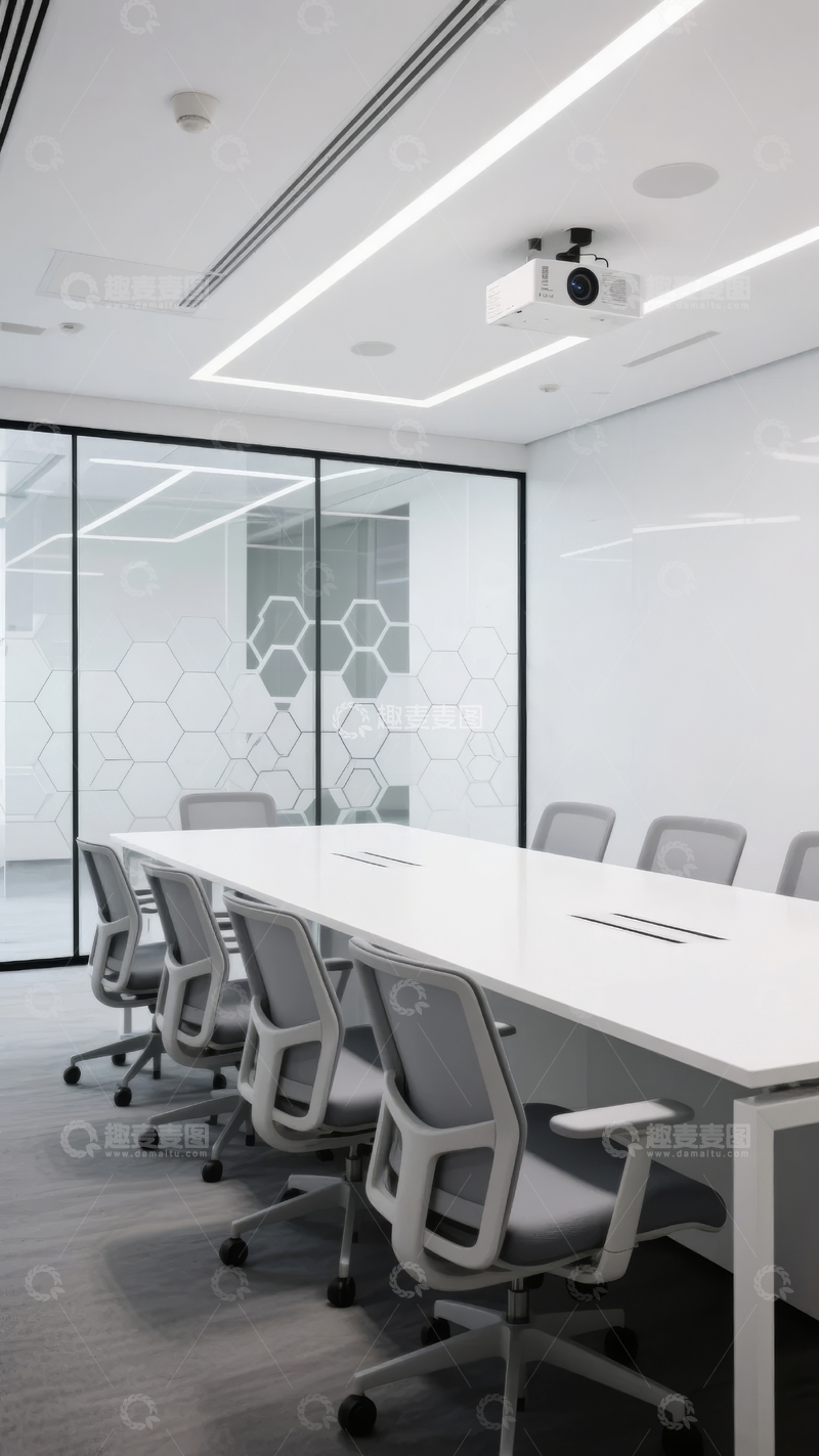 高清大图下载【趣麦麦图】现代简约风格的会议室配备长桌和投影设备