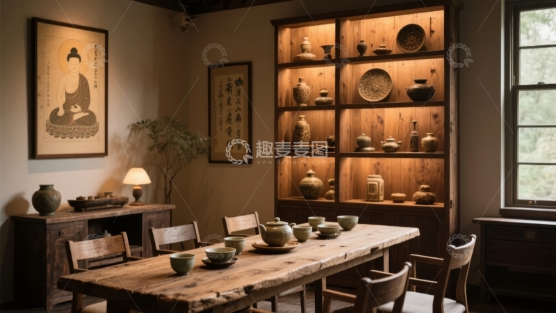 高清大图下载【趣麦麦图】中式风格餐厅内摆放着茶具和装饰品的温馨场景
