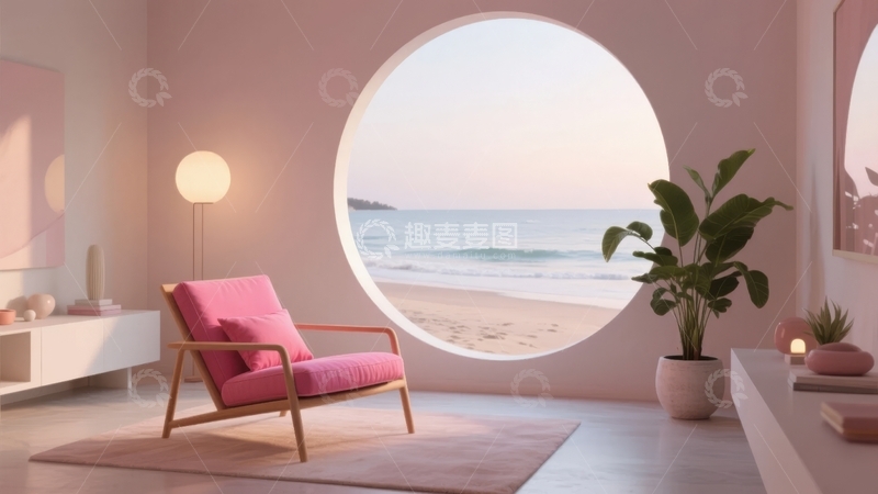 高清大图下载【趣麦麦图】室内粉色扶手椅与圆形窗户海滩景观