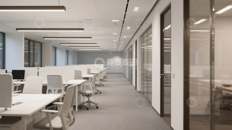 高清大图下载【趣麦麦图】现代开放式办公室长廊配备整齐桌椅和玻璃隔断