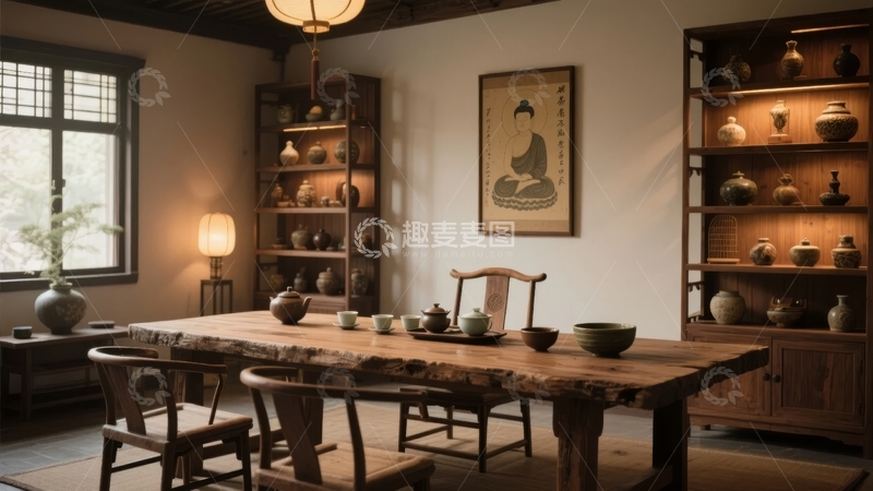 高清大图下载【趣麦麦图】中式复古风格茶室摆放着木质桌椅和陶瓷茶具