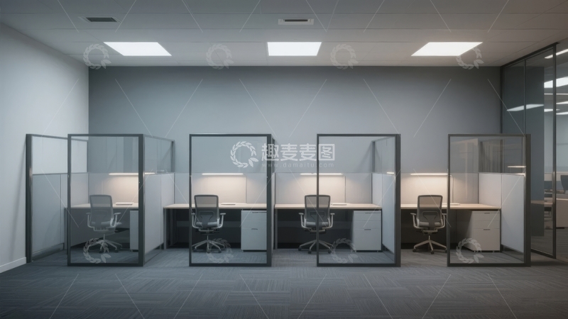 高清大图下载【趣麦麦图】现代办公室内的玻璃隔间工位排列整齐