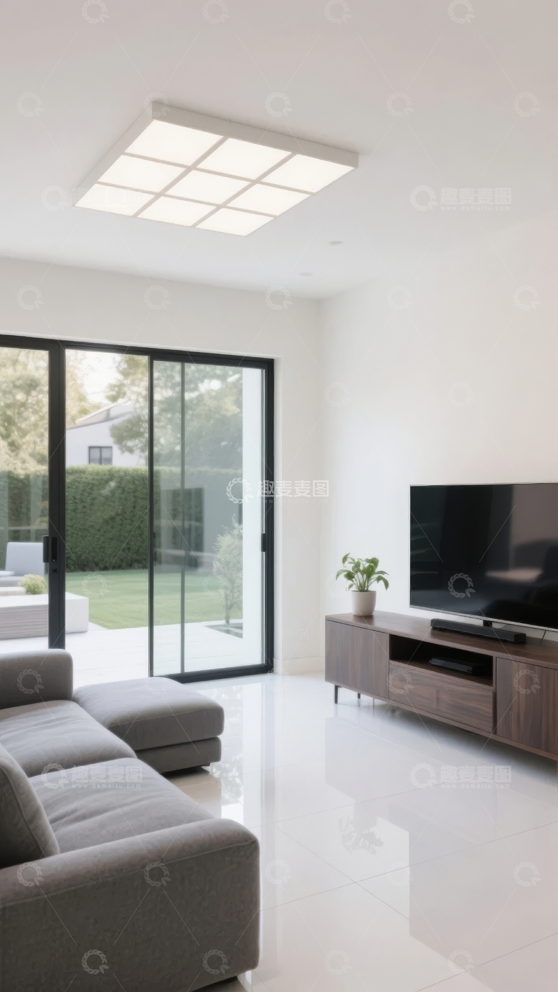 高清大图下载【趣麦麦图】现代简约客厅配备大窗户和方形吸顶灯
