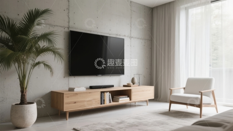 高清大图下载【趣麦麦图】现代简约客厅电视墙设计搭配绿植与扶手椅