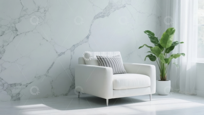 高清大图下载【趣麦麦图】简约室内一角摆放着白色扶手椅和绿植