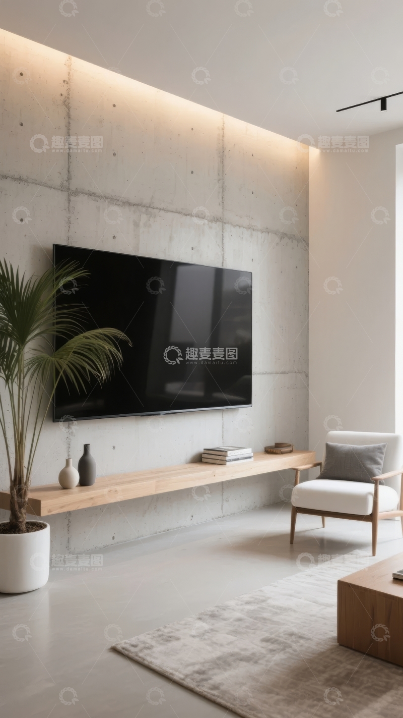 高清大图下载【趣麦麦图】现代简约客厅电视墙设计搭配绿植与舒适座椅