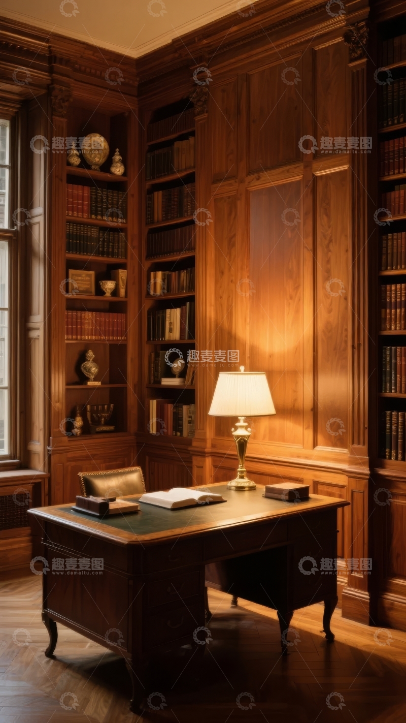 高清大图下载【趣麦麦图】典雅木质书房内书架环绕书桌亮灯