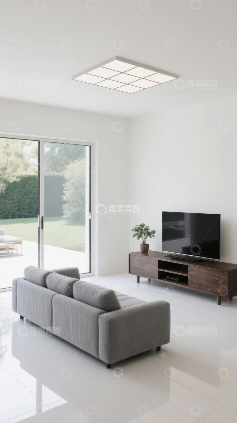 高清大图下载【趣麦麦图】现代简约客厅配备灰色沙发和木质电视柜